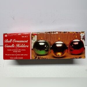 Set Of 3 Chadwick Ball Ornament Ceramic Candle Holders Metallic Finish 3" VTG